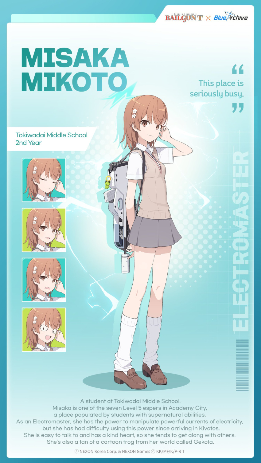 &lt;|&gt;_&lt;|&gt; 1girl absurdres assault_rifle barcode blue_archive blue_halo breasts brown_eyes brown_hair brown_sweater_vest bullpup charm_(object) closed_mouth copyright_name crossover electricity english_commentary english_text expressions fang flower fn_f2000 full_body gekota grey_skirt gun hair_between_eyes hair_flower hair_ornament hairpin halo highres lightning_bolt_symbol loafers looking_at_viewer medium_hair mimitoke misaka_mikoto no_nose official_art rifle school_uniform shirt shoes skirt small_breasts solo standing summer_uniform sweater_vest toaru_kagaku_no_railgun toaru_kagaku_no_railgun_t toaru_majutsu_no_index tokiwadai_school_uniform weapon white_shirt