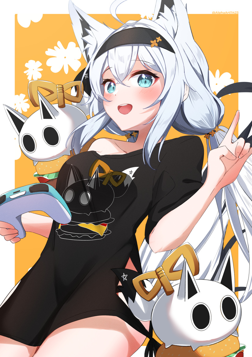 1girl :d absurdres ahoge alphaart animal_ear_fluff animal_ears aqua_eyes black_hairband black_shirt blush border breasts burger controller cowboy_shot english_commentary extra_ears food fox_ears fox_girl fox_shadow_puppet fox_tail game_controller hairband hands_up highres holding holding_controller holding_game_controller hololive long_hair looking_at_viewer low_twintails medium_breasts nejima_kitsune_(shirakami_fubuki) official_alternate_costume pentagram shirakami_fubuki shirakami_fubuki_(loungewear) shirt side-tie_shirt single_bare_shoulder smile solid_circle_eyes solo t-shirt tail teeth thighs twintails upper_teeth_only virtual_youtuber white_border white_hair yellow_background
