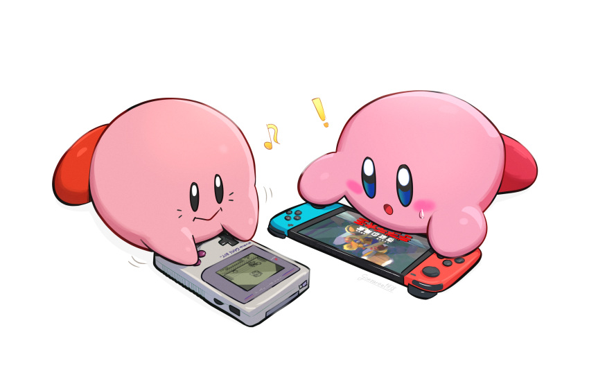 2others blue_eyes blush_stickers dual_persona game_boy gonzarez handheld_game_console highres king_dedede kirby kirby_(series) kirby_and_the_forgotten_land multiple_others nintendo_switch sweatdrop