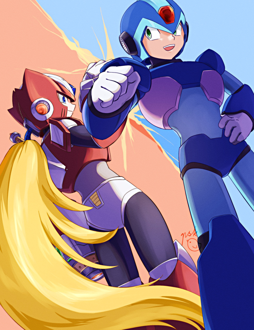 2boys arm_cannon armor artist_logo artist_name blonde_hair blue_armor blue_background blue_eyes blue_helmet chest_jewel dwn0001130 forehead_jewel green_eyes helmet highres long_hair mega_man_(series) mega_man_x_(series) multiple_boys red_armor red_background red_helmet shoulder_armor smile very_long_hair weapon x_(mega_man) z_saber zero_(mega_man) zero_buster