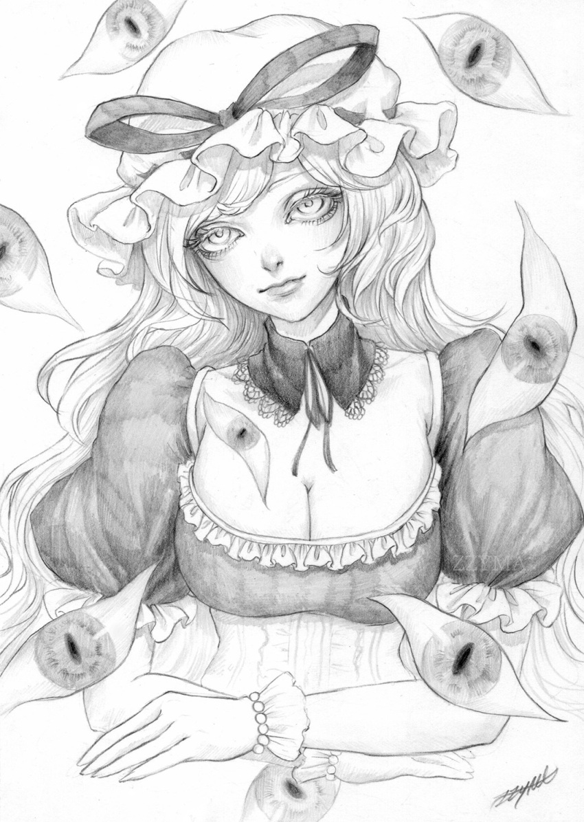 1girl bow bowtie bracelet breasts collar corset curly_hair dress extra_eyes frilled_dress frilled_hat frilled_sleeves frilled_wristband frills greyscale hat hat_bow hat_ornament highres jewelry johnalay light_smile long_hair medium_breasts mob_cap monochrome pearl_bracelet puffy_short_sleeves puffy_sleeves ribbon ribbon-trimmed_collar ribbon_trim short_sleeves simple_background slit_pupils smile touhou traditional_media very_long_hair white_background wristband yakumo_yukari