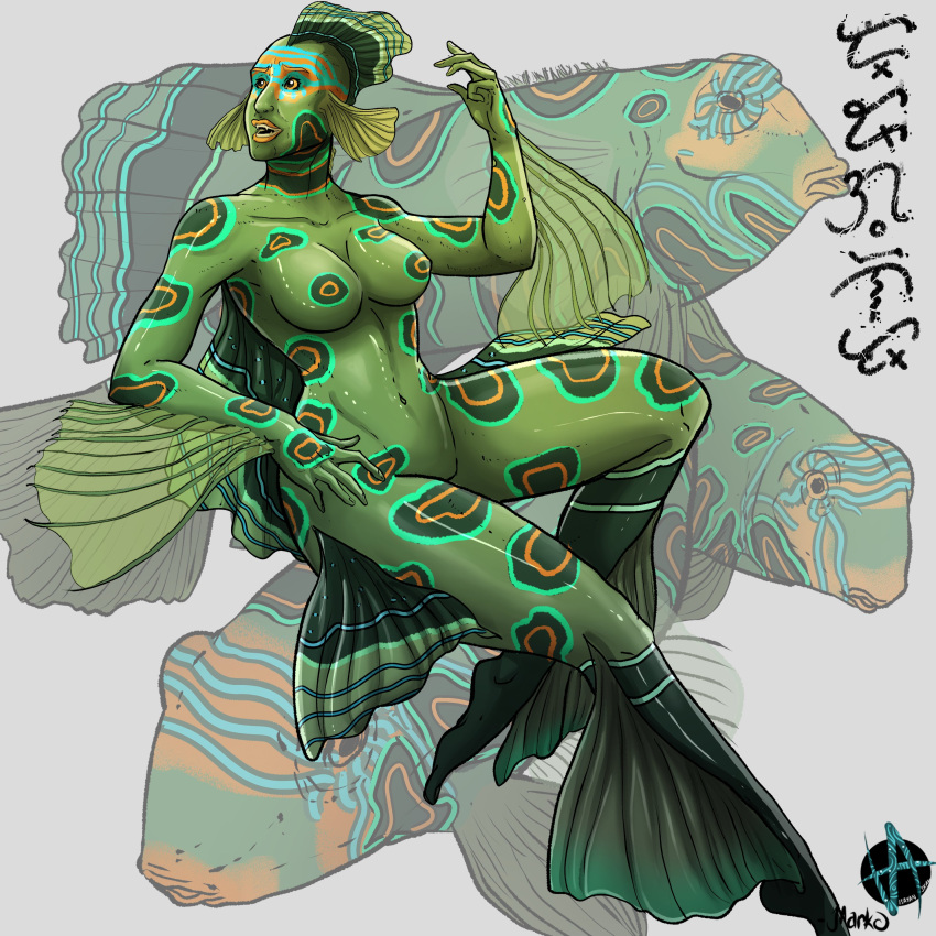 2023 5_fingers absurd_res actinopterygii ambiguous_gender arm_fins arm_markings artist_logo artist_name baybayin_text bent_arm bent_legs biped black_eyes black_mouth black_text blue_markings blue_stripes breast_markings breasts cheek_fins collarbone colored digital_drawing_(artwork) digital_media_(artwork) dorsal_fin dragonet eyebrows facial_markings fangs featureless_breasts female female_focus female_humanoid feral fin fingernails fingers fish front_view glistening glistening_body glistening_eyes glistening_skin green_body green_fingernails green_fins green_markings green_skin grey_background group head_fin head_markings head_turned hi_res humanoid humanoid_focus leg_fins leg_markings lips logo marine markings markoriginals mermay mermay_2023 multicolored_body multicolored_fin multicolored_skin nails navel neck_markings non-mammal_breasts non-mammal_navel nude nude_female nude_humanoid open_mouth orange_eyebrows orange_lips orange_markings orange_sclera picturesque_dragonet pinup pose pupils ring_(marking) shaded shoulder_markings signature simple_background solo_focus spots spotted_body spotted_markings spotted_skin straight_leg striped_face striped_fin striped_neck stripes teeth text thigh_markings three-quarter_view translucent_fin