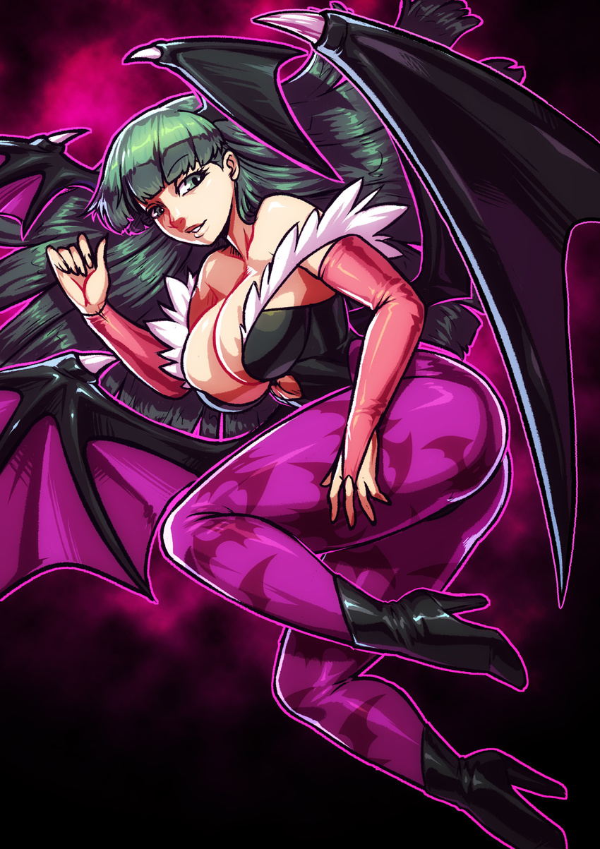 ankle_boots bare_shoulders bat_print bat_wings boots breasts bridal_gauntlets cleavage decolletage demon_girl elbow_gloves female full_body fur_collar gloves gradient gradient_background green_eyes green_hair head_wings high_heel_boots high_heels highres koi_drake large_breasts leotard long_hair morrigan_aensland pantyhose patterned_legwear print_legwear purple_legwear smile solo succubus vampire_(game) wings