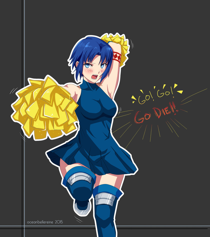 arm_up armpits axia-chan bad_id bad_tumblr_id bare_shoulders blue_eyes blue_hair blue_legwear blush boots breasts cheering cheerleader ciel dress english highres looking_at_viewer medium_breasts open_mouth pom_poms skirt solo tattoo thighhighs tsukihime zettai_ryouiki