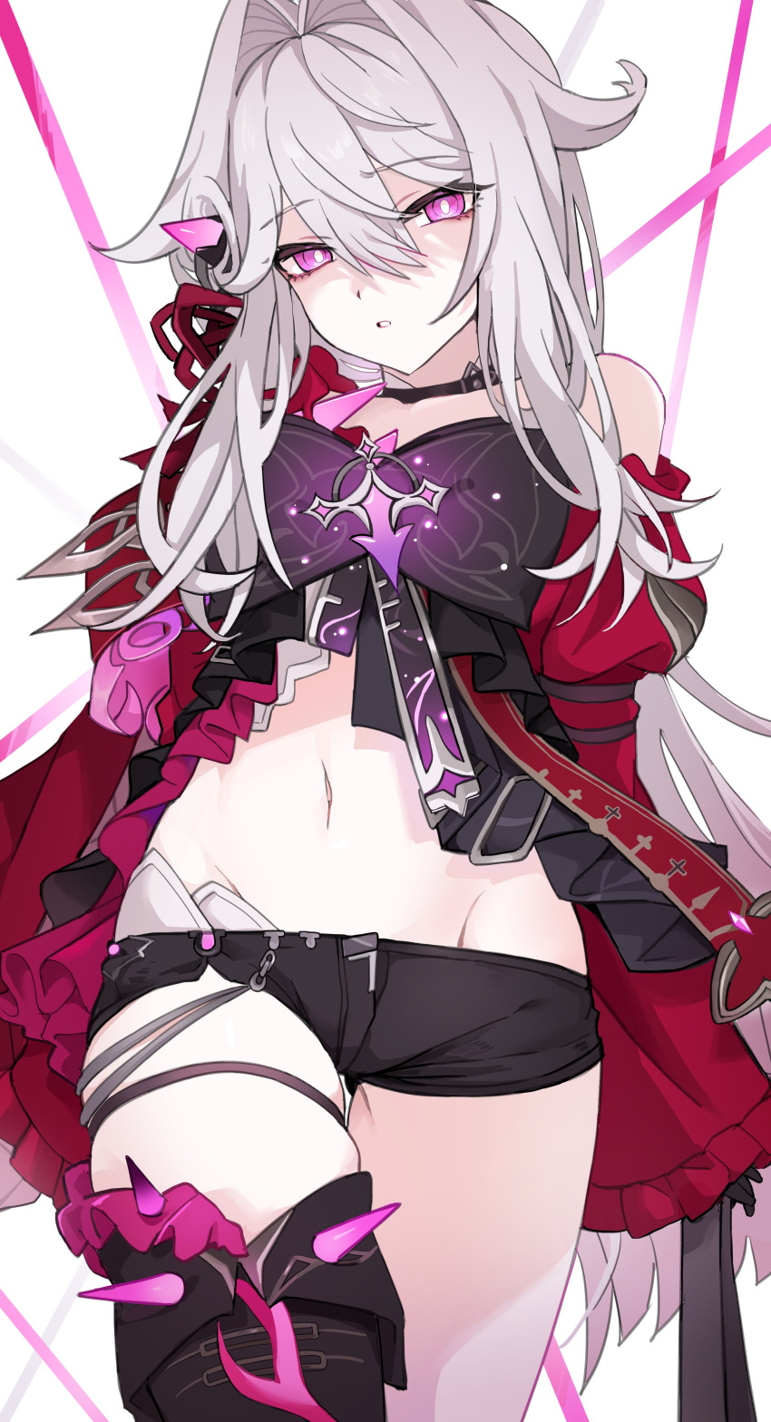 1girl absurdres asymmetrical_legwear awe_(adorableduckyy) bare_shoulders black_choker black_shorts boots bow bright_pupils choker cowboy_shot highres honkai_(series) honkai_impact_3rd jacket looking_at_viewer midriff navel parted_lips partially_shaded_face pink_eyes red_jacket short_shorts shorts simple_background single_thigh_boot skindentation solo stomach thelema_(honkai_impact) thigh_boots thigh_strap thighs white_background white_hair white_pupils