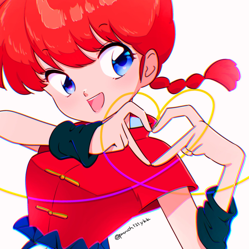 1girl blue_eyes braid braided_ponytail breasts heart heart_hands highres open_mouth punch121ykk ranma-chan ranma_1/2 red_hair simple_background solo teeth twitter_username white_background