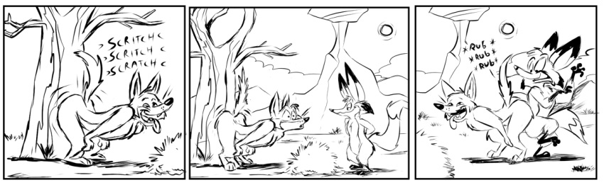 3_toes 4_fingers anthro ass_up black_and_white breath butt butt_pose butt_scratch canid canine canis comic coyote desert digital_media_(artwork) duo ears_back ears_outwards feet fingers fluffy fluffy_tail fox half-closed_eyes hands_behind_back hands_on_knees hands_on_legs lines_drawn looking_pleasured male mammal monochrome mulder_the_fox narrowed_eyes panicking panting paws pecs pivoted_ears plant pose raised_tail scratching scratching_butt sean_odesse shrub smile sound_effects standing_on_toes stevethedragon surprise surprised_expression surprised_face surprised_look tail teeth_showing toes tongue tongue_out tree wide_eyed