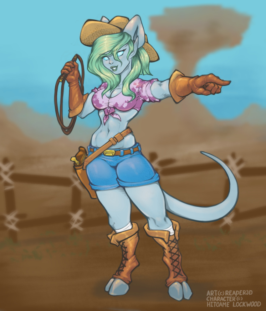 blizzard_entertainment boots clothing cowboy_boots cowboy_hat cowboy_outfit draenei female footwear green_hair hair hat headgear headwear hi_res horn reaper3d smile solo standing warcraft