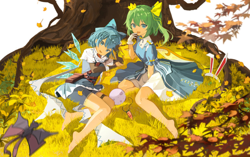 2girls absurdres alternate_costume animal_ears bag barefoot blue_bow blue_dress blue_eyes blue_hair bow carrot_necklace chinese_commentary cirno commentary_request crown daiyousei detached_wings dress fairy fairy_wings fake_animal_ears falling_leaves gloves green_hair hair_bow highres ice ice_wings jewelry leaf looking_at_viewer lying mini_crown multiple_girls necklace on_side open_mouth outdoors rabbit_ears scarf short_hair short_sleeves shorts side_ponytail sitting smile touhou touhou_hero_of_ice_fairy tree unworn_jewelry unworn_necklace uroam white_gloves white_scarf wings yellow_bow