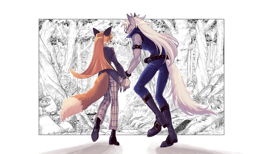 1boy 1girl animal_ears arm_strap belt black_coat black_footwear blue_bodysuit body_fur bodysuit boots claws closed_mouth coat collared_bodysuit collared_jumpsuit facing_another fang fang_out fangs forest fox_ears fox_girl fox_tail from_behind full_body furry furry_female furry_male gloves grey_fur grey_pants high_collar highres long_hair nature open_mouth orange_fur orange_hair original pants partially_colored plaid plaid_pants precure rata_(norahasu) sleeveless sleeveless_bodysuit smile_precure! studded_belt studded_bracelet tail walking white_background white_hair wolf_boy wolf_ears wolf_tail wolfrun