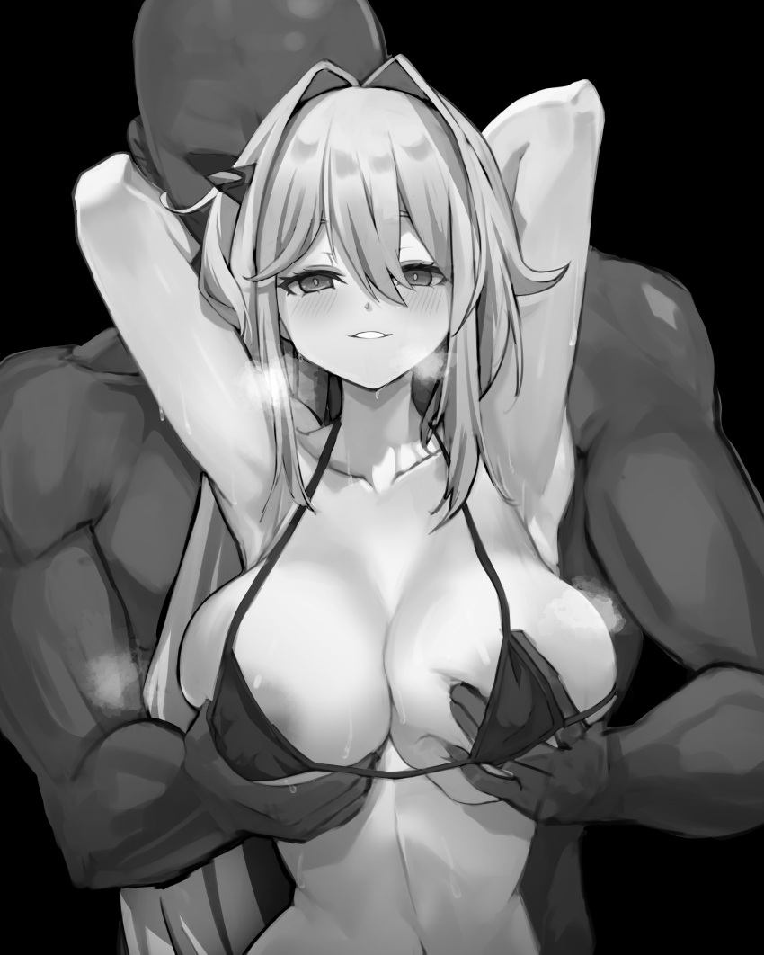 1boy 1girl absurdres areola_slip armpits arms_behind_head arms_up bald bikini black_background blush breasts cleavage clothed_female_nude_male cream_bread dark-skinned_male dark_skin faceless faceless_male grabbing grabbing_another's_breast greyscale grin groping hair_between_eyes heavy_breathing hetero highres honkai_(series) honkai_impact_3rd horns large_breasts long_hair looking_at_viewer micro_bikini monochrome navel nipples nude parted_lips simple_background smile solo_focus sweat swimsuit symbol-shaped_pupils thelema_(honkai_impact) upper_body very_long_hair wardrobe_malfunction