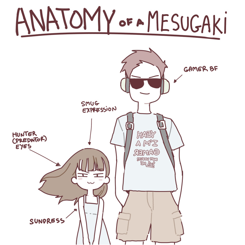 1boy 1girl absurdres anatomy_of_a_gamer_(meme) brown_hair child_gf_(orenji) commentary english_commentary english_text glasses highres looking_at_viewer meme monochrome original pedophile shirt short_hair simple_background standing sunglasses t-shirt white_background yokappa_(jokappa)