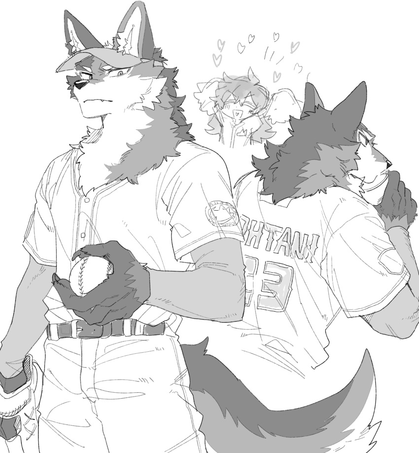 1boy 1girl animal_ears ball baseball baseball_uniform body_fur cheerleader claws closed_mouth cowboy_shot cup fang fang_out furry furry_male furry_with_non-furry greyscale hand_up hetero highres holding holding_ball holding_cup interspecies large_hands looking_at_viewer loving_aura monochrome multiple_views original pants rata_(norahasu) short_sleeves simple_background sportswear standing tail visor_cap white_background wolf_boy wolf_ears wolf_tail