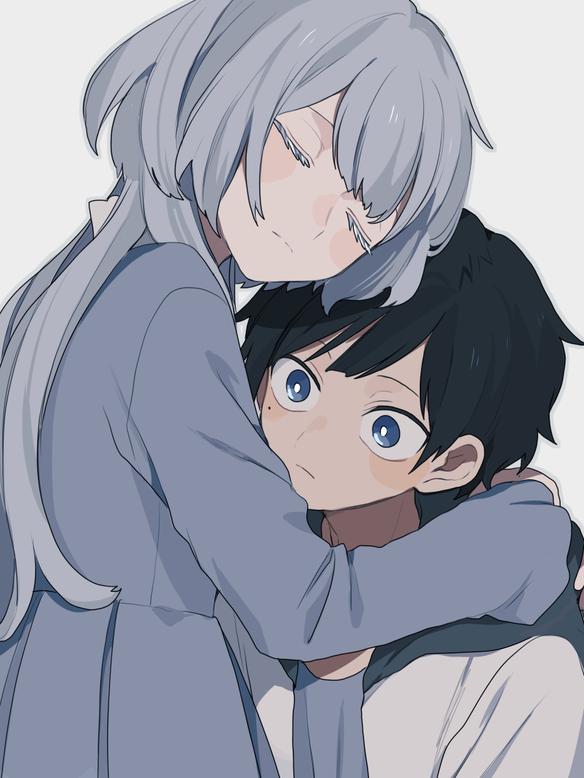 1boy 1girl arms_around_neck black_hair blue_eyes blush_stickers closed_eyes colored_eyelashes dress grey_hair highres hug long_hair long_sleeves maco22 mole mole_under_eye original short_hair