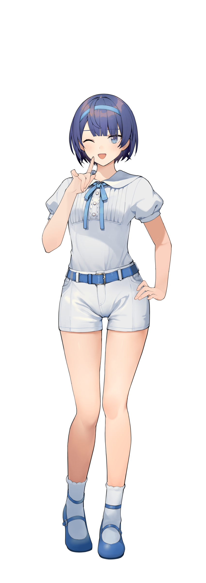 1girl ;d absurdres belt belt_buckle blue_belt blue_eyes blue_footwear blue_hair blue_hairband blue_ribbon blunt_bangs blush buckle cevio collared_shirt commentary_request dot_nose full_body hairband hand_on_own_hip hand_up highres index_finger_raised looking_at_viewer mary_janes neck_ribbon one_eye_closed open_mouth psd_available puffy_short_sleeves puffy_sleeves ribbon shirinda_fureiru shirt shirt_tucked_in shoes short_hair short_shorts short_sleeves shorts simple_background smile socks solo standing straight-on suzuki_tsudumi tachi-e transparent_background variant_set white_shorts white_socks