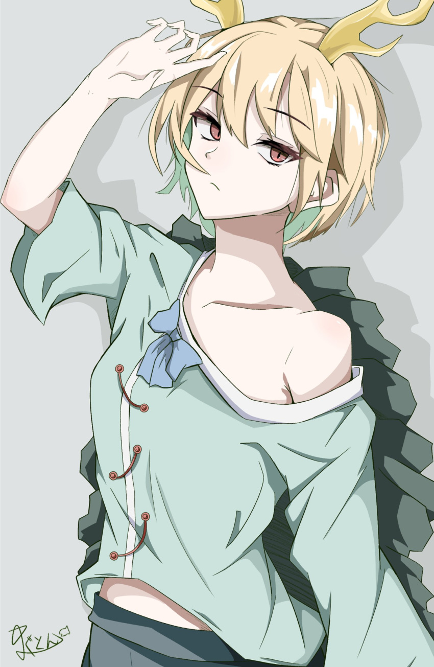 1girl antlers blonde_hair blue_shirt blue_skirt collarbone commentary_request dragon_girl dragon_horns dragon_tail highres horns kakineko kicchou_yachie midriff_peek red_eyes shirt short_sleeves skirt solo tail touhou turtle_shell yellow_horns