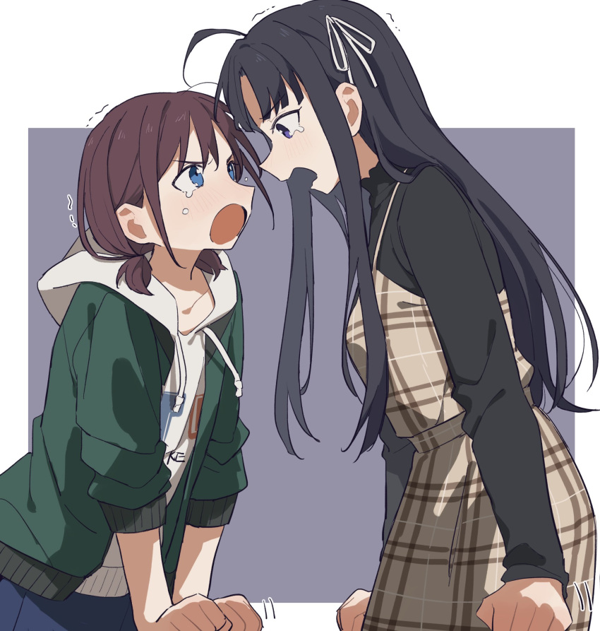 2girls ahoge angry awa_subaru black_hair black_shirt border brown_dress brown_hair chinese_commentary coldcat. commentary_request commission crying crying_with_eyes_open dress eye_contact girls_band_cry green_jacket hair_ribbon highres hood hood_down hooded_jacket iseri_nina jacket long_hair long_sleeves looking_at_another low_twintails multiple_girls open_clothes open_jacket open_mouth outside_border parted_bangs pinafore_dress purple_eyes ribbon second-party_source shirt short_hair short_twintails sidelocks sleeveless sleeveless_dress tears twintails white_border white_ribbon