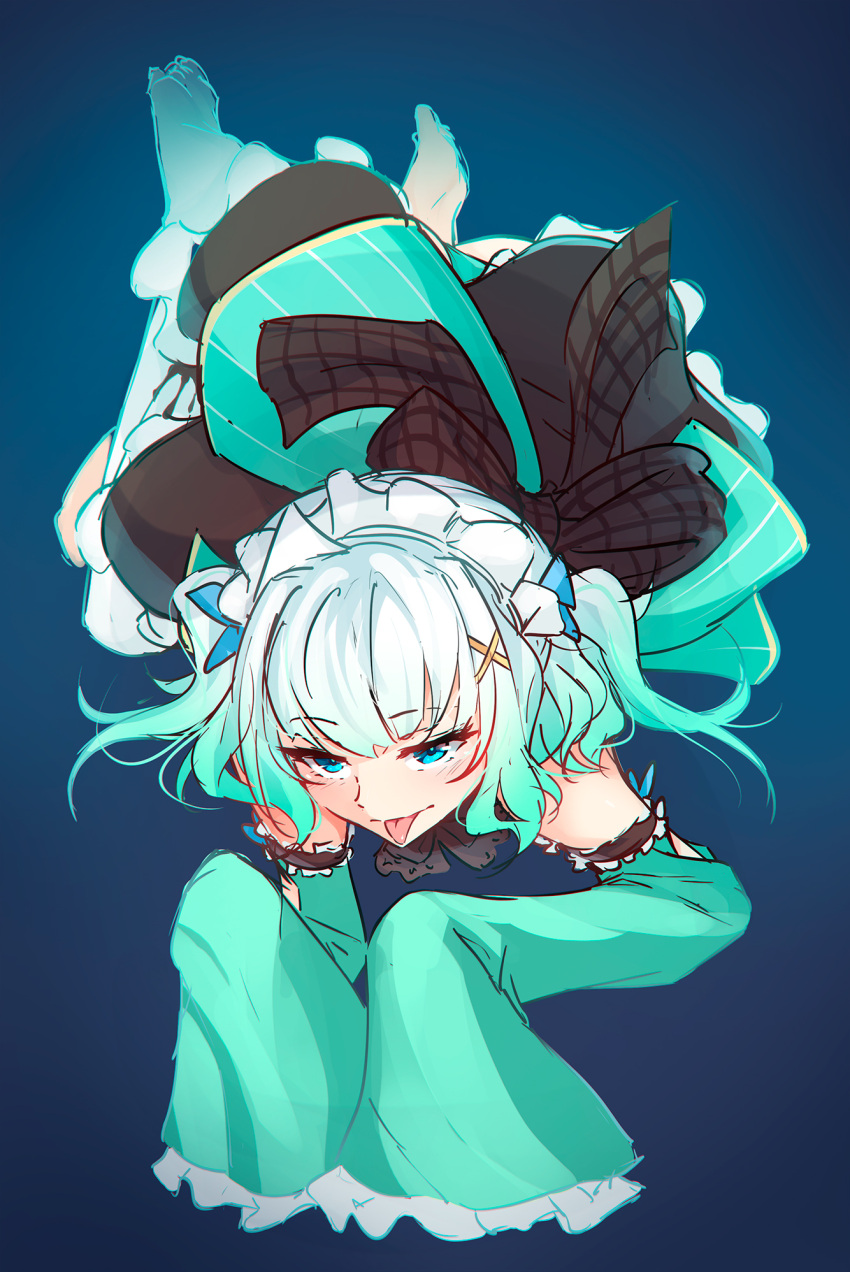 1girl blue_eyes detached_sleeves dress frills ghost_girl gradient_hair green_dress green_hair hair_ornament highres indie_virtual_youtuber maid_headdress mint_fantome multicolored_hair ricegnat simple_background sleeves_past_wrists solo tongue tongue_out triangular_headpiece two_side_up virtual_youtuber white_hair x_hair_ornament