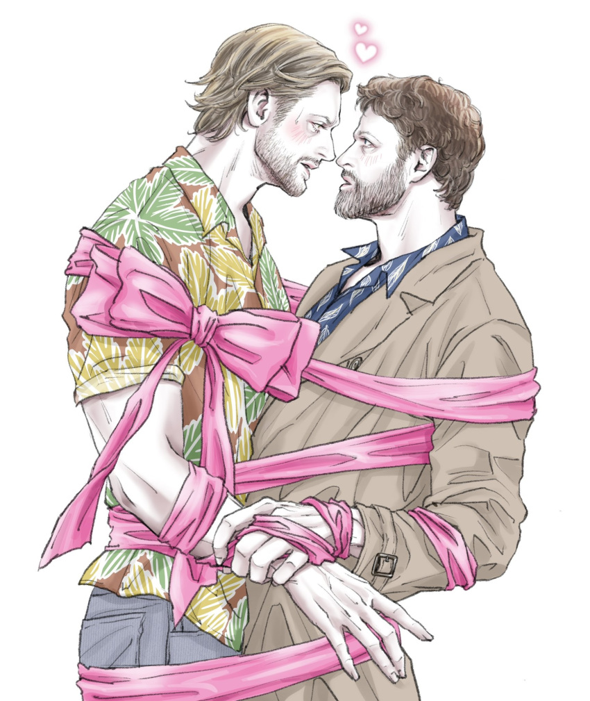 2boys angel beard beard_stubble black_hair blonde_hair blue_eyes bound_together castiel coat couple cowboy_shot daitaikueru dean_winchester eye_contact face-to-face facial_hair from_side full_beard green_eyes heart highres looking_at_another male_focus mature_male multiple_boys ribbon short_hair simple_background stubble supernatural_(tv_series) trench_coat yaoi