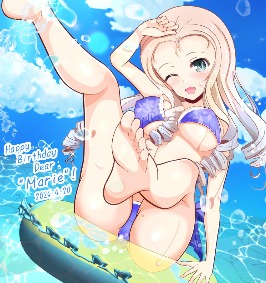 1girl ass bikini blonde_hair blue_bikini blush breasts cameltoe character_name cleavage crotch dated drill_hair feet girls_und_panzer green_eyes happy_birthday highres kumaisao large_breasts long_hair looking_at_viewer marie_(girls_und_panzer) ocean one_eye_closed open_mouth outdoors sky smile solo swimsuit