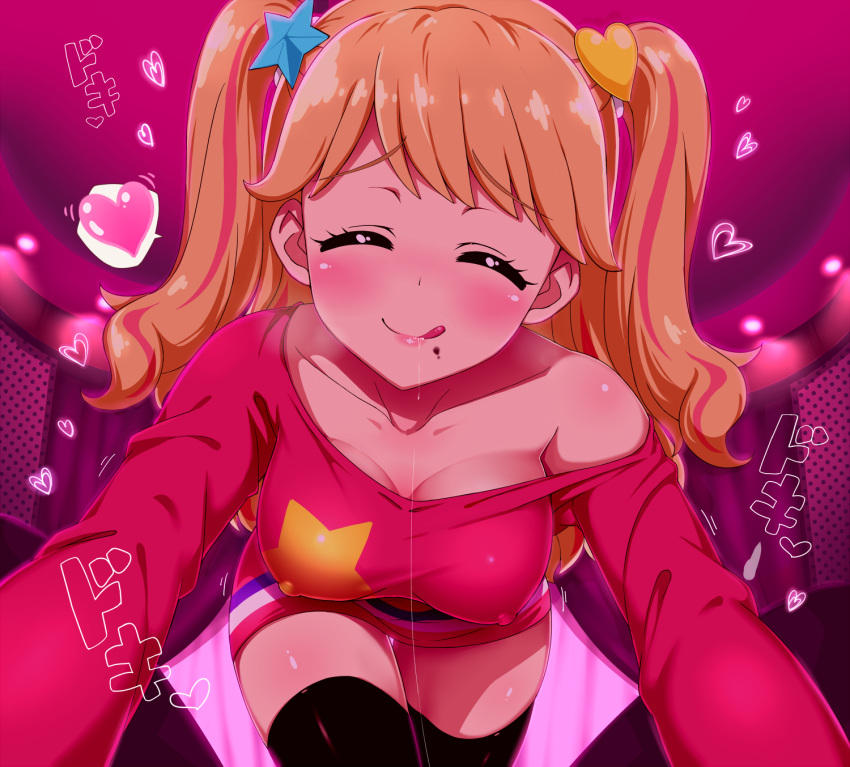 aikatsu! aikatsu!_(series) black_thighhighs blonde_hair blush breasts chocolate chocolate_on_face closed_eyes covered_nipples food food_on_face hair_ornament heart heart_hair_ornament highres jewel_(the_black_canvas) licking_lips long_hair medium_breasts multicolored_hair natsuki_mikuru off_shoulder pink_hair reaching reaching_towards_viewer saliva saliva_trail star_(symbol) star_hair_ornament streaked_hair thighhighs tongue tongue_out twintails zettai_ryouiki