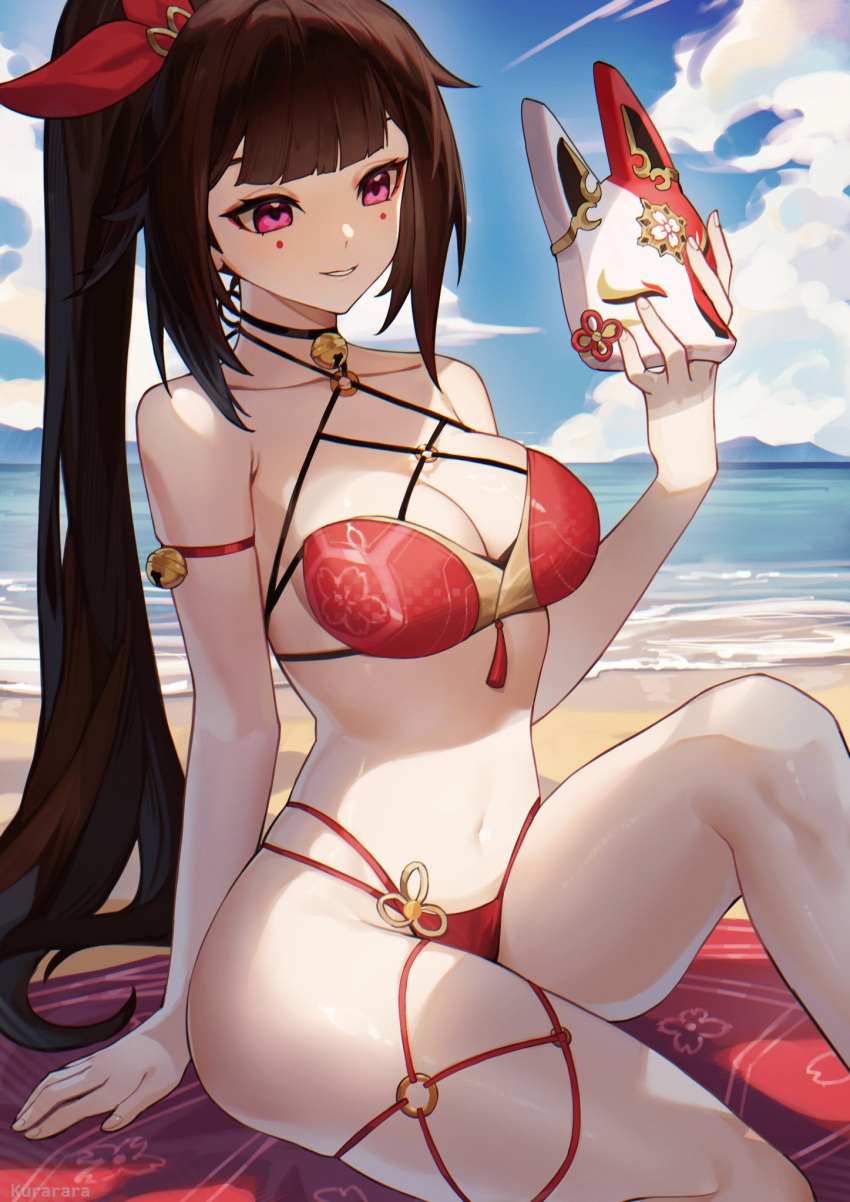 1girl alternate_hairstyle arm_support bare_arms bare_shoulders beach bell bikini black_choker black_hair blue_sky blunt_bangs breasts choker cleavage cloud commentary criss-cross_halter day fox_mask halterneck hand_up highres holding holding_mask honkai:_star_rail honkai_(series) jingle_bell knee_up koharu1807 large_breasts mask navel neck_bell o-ring o-ring_bikini ocean pink_eyes ponytail red_bikini sitting sky solo sparkle_(honkai:_star_rail) stomach swimsuit thighs water