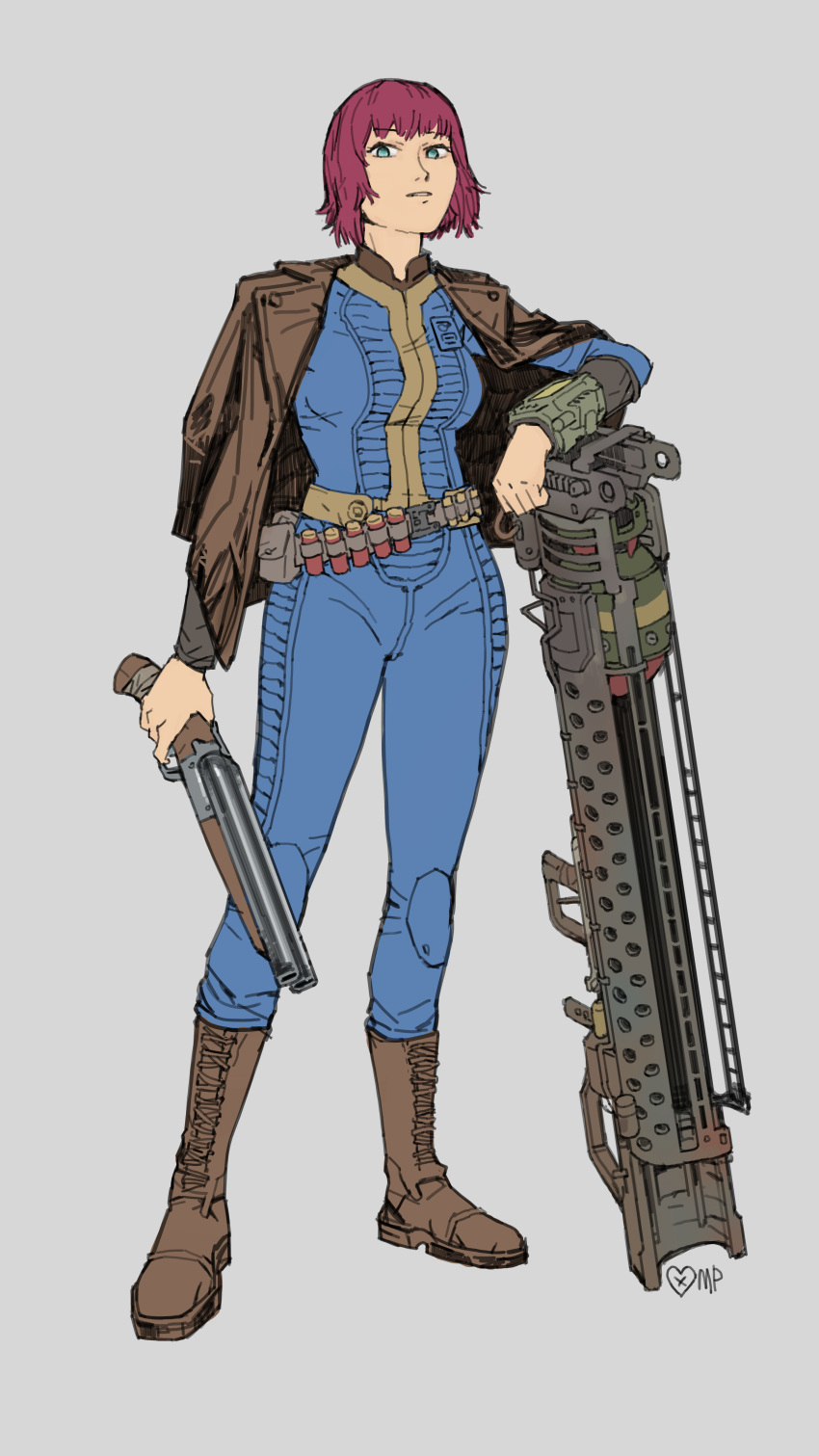 1girl absurdres ammunition_belt blue_bodysuit bodysuit boots fallout_(series) fallout_4 fat fat_man green_eyes gun highres jacket leather leather_jacket metal_pie nuclear_weapon pip_boy pouch red_hair sawed-off_shotgun short_hair shotgun shotgun_shell simple_background solo weapon wrist_computer