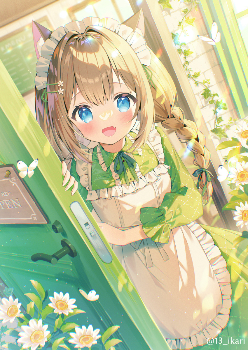 1girl animal_ear_fluff blue_eyes blush braid brown_hair bug butterfly cafe cat_girl door dutch_angle entrance fang flower hair_ornament hairclip highres ikari_(aor3507) looking_at_viewer maid_headdress opening_door original skin_fang twin_braids