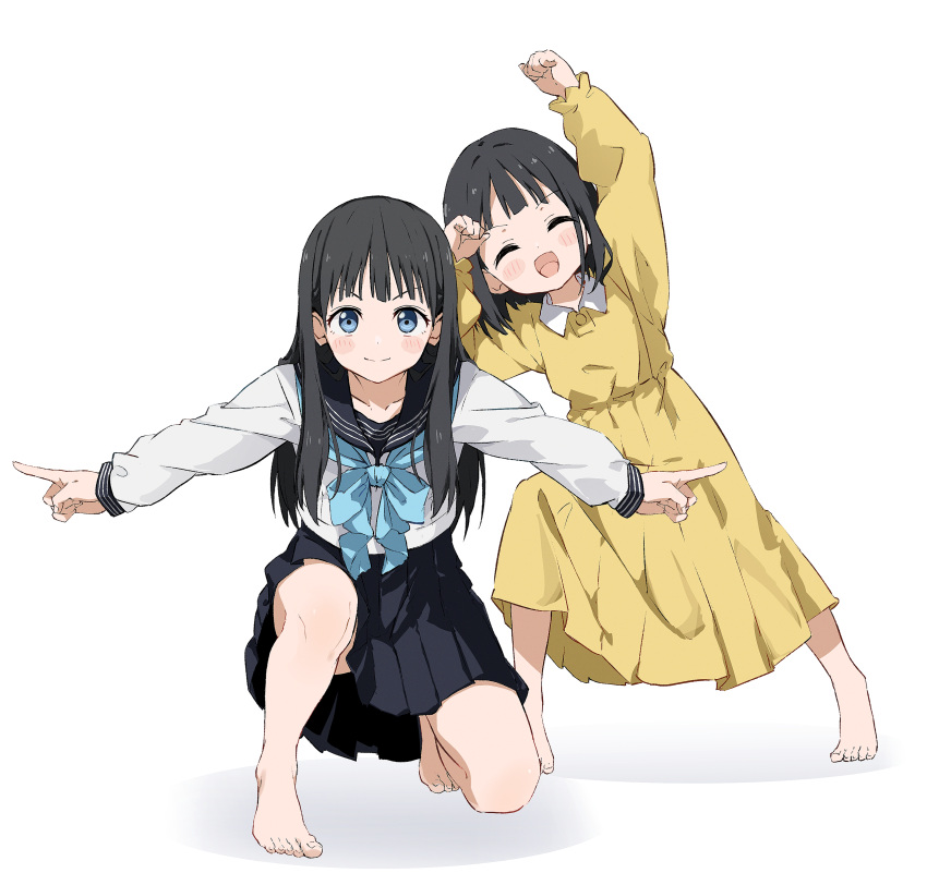 2girls absurdres age_difference akebi-chan_no_serafuku akebi_kao akebi_komichi arms_up barefoot black_hair blue_bow blue_bowtie blue_eyes blue_sailor_collar blue_skirt blunt_ends blush blush_stickers bow bowtie buttons choppy_bangs clenched_hands closed_eyes collared_dress commentary_request dot_nose dragon_ball dress eyelashes facing_viewer fingernails flat_chest frilled_sleeves frills ginyu_force_pose highres index_finger_raised kneeling leaning_to_the_side long_hair long_sleeves looking_at_viewer medium_hair multiple_girls on_one_knee open_mouth outstretched_arms pleated_skirt rauto roubai_academy_school_uniform_(old) sailor_collar school_uniform serafuku shirt siblings simple_background sisters skirt smile standing straight_hair thighs tiptoes toenails white_background white_shirt yellow_dress