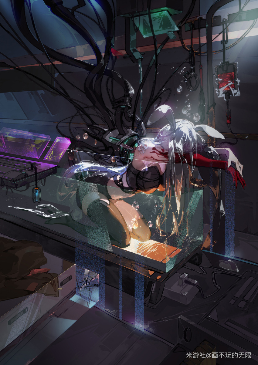 1girl acheron_(honkai:_star_rail) ambiguous_red_liquid animal_ears asymmetrical_legwear black_footwear body_markings boots bubble cable highres holographic_interface honkai:_star_rail honkai_(series) hua_bu_wan_de_wuxian intravenous_drip kneeling long_hair midriff official_alternate_hair_color rabbit_ears signature solo thigh_boots white_hair wire