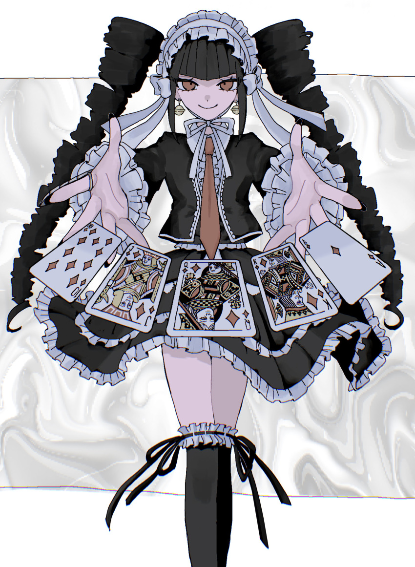 1girl absurdres black_hair black_nails bonnet card celestia_ludenberg claw_ring danganronpa:_trigger_happy_havoc danganronpa_(series) drill_hair earrings frilled_jacket frills gothic_lolita highres jacket jewelry layered_skirt lolita_fashion long_hair long_sleeves looking_at_viewer nail_polish necktie playing_card raamensusure red_eyes red_necktie shirt skirt smile solo twin_drills twintails