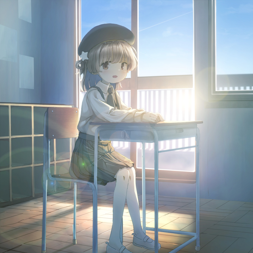 1girl absurdres ascot beret black_ascot black_hat black_skirt blue_sky blush brown_eyes brown_hair chair classroom collaboration collared_shirt colored_inner_hair commentary_request contrail day desk fang full_body getabako grey_hair hair_ornament hariyama_sugiru hat hatoba_tsugu highres indoors lens_flare long_sleeves looking_at_viewer medium_hair mole mole_under_eye multicolored_hair on_chair open_mouth pantyhose school_chair school_desk shirt shirt_tucked_in shoes shootinghaze single_hair_ring sitting skin_fang skirt sky sliding_doors smile solo star_(symbol) star_hair_ornament sun suspender_skirt suspenders tsugu_(vtuber) uwabaki virtual_youtuber white_footwear white_pantyhose white_shirt wooden_floor