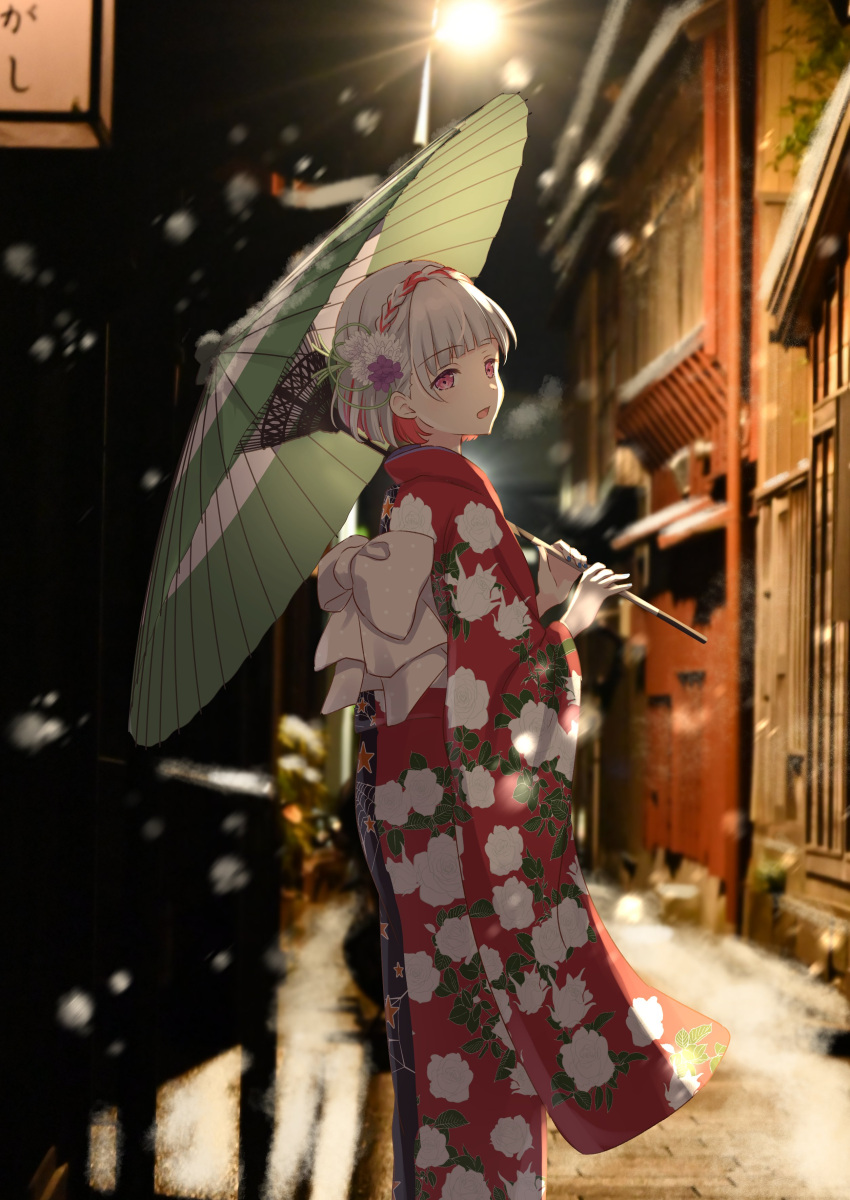 1girl :d absurdres backlighting blurry blurry_background braid colored_inner_hair commentary crown_braid floral_print_kimono flower furisode green_umbrella grey_hair hair_flower hair_ornament highres holding holding_umbrella japanese_clothes kimono link!_like!_love_live! long_sleeves looking_at_viewer love_live! multicolored_hair obi oil-paper_umbrella open_mouth photo_background purple_flower purple_kimono red_eyes red_hair red_kimono sash short_hair smile snow solo spider_web_print split-color_clothes streaked_hair symbol-only_commentary umbrella virtual_youtuber white_flower white_sash yugiri_tsuzuri yutuki_ame