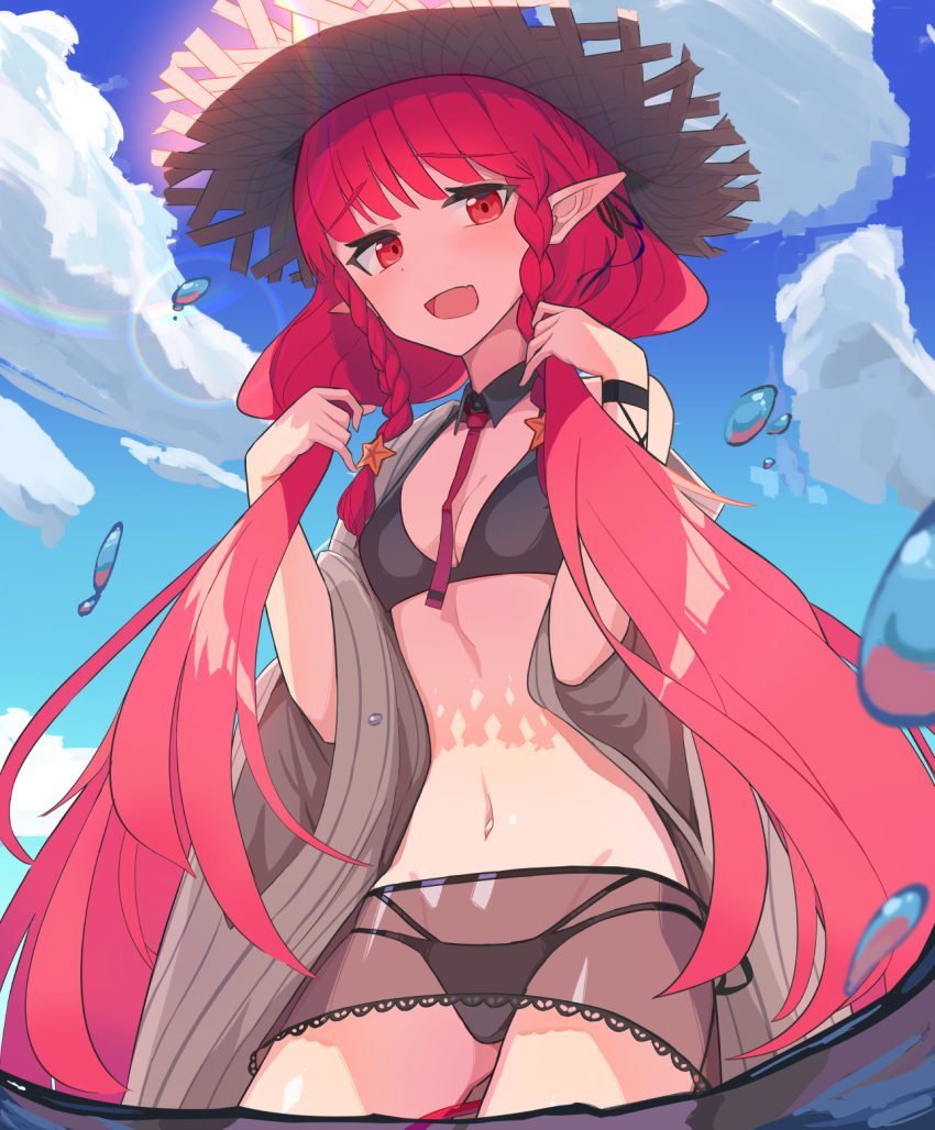 1girl 8ka43 arknights bikini black_bikini braid cloud cloudy_sky cowboy_shot hat highres long_hair looking_at_viewer navel necktie official_alternate_costume open_mouth pointy_ears red_eyes red_hair red_necktie see-through see-through_skirt side_braids skirt sky solo standing straw_hat sun_hat swimsuit twin_braids vigna_(arknights) vigna_(casual_vacation)_(arknights) water