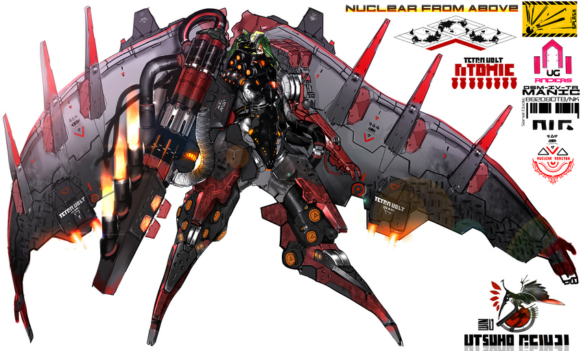 absurdres alternate_costume alternate_hair_color alternate_weapon arm_cannon barcode bodysuit cannon character_name derorin8641 english exhaust fire flame full_body highres looking_to_the_side machinery mechanical_wings red_eyes reiuji_utsuho simple_background solo symbol touhou weapon white_background wings