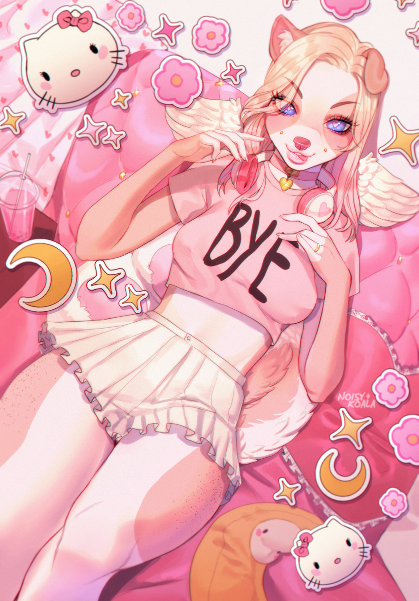 2023 anthro banana bed blonde_hair blue_eyes bottomwear breasts canid canine canis character_request clothed clothing digital_media_(artwork) digital_painting_(artwork) domestic_dog electronics eyelashes female food fruit fur furniture hair headphones headphones_around_neck hello_kitty_(character) hello_kitty_(series) hi_res lips lying mammal midriff noisykoala on_bed pillow pink_body pink_clothing pink_fur pink_shirt pink_theme pink_topwear plant plushie sanrio shaded shirt skirt solo sparkles topwear white_bottomwear white_clothing white_skirt wings y2k_(fashion)