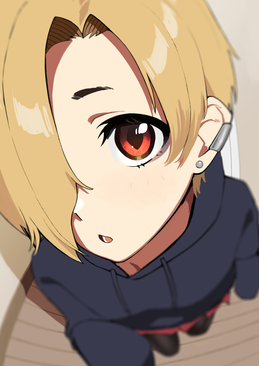 1girl absurdres black_hoodie blonde_hair blurry close-up ear_piercing earrings fisheye garuku1120 hair_over_one_eye highres hood hood_down hoodie idolmaster idolmaster_cinderella_girls jewelry looking_at_viewer parted_lips piercing red_eyes shirasaka_koume short_hair solo