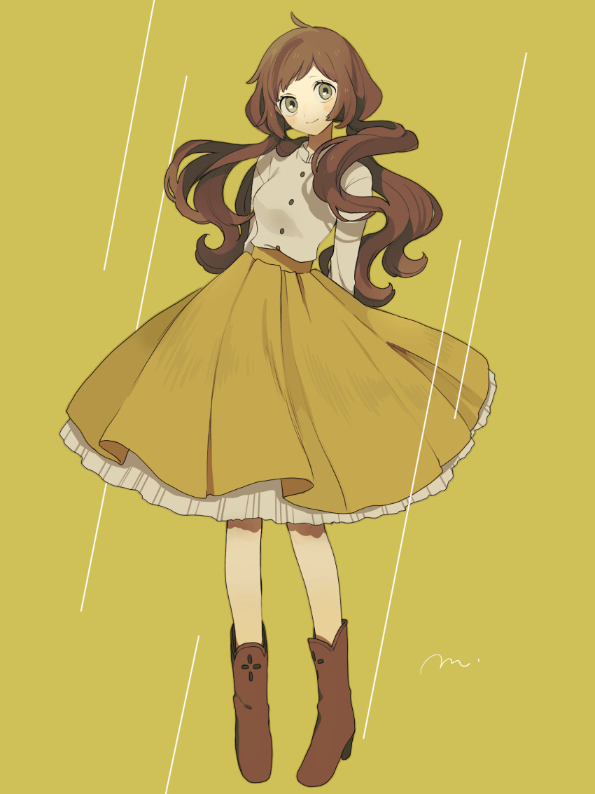 1girl boots brown_hair collared_shirt full_body green_eyes high_heel_boots high_heels highres long_hair long_sleeves low_twintails maco22 original shirt skirt smile solo twintails very_long_hair yellow_background