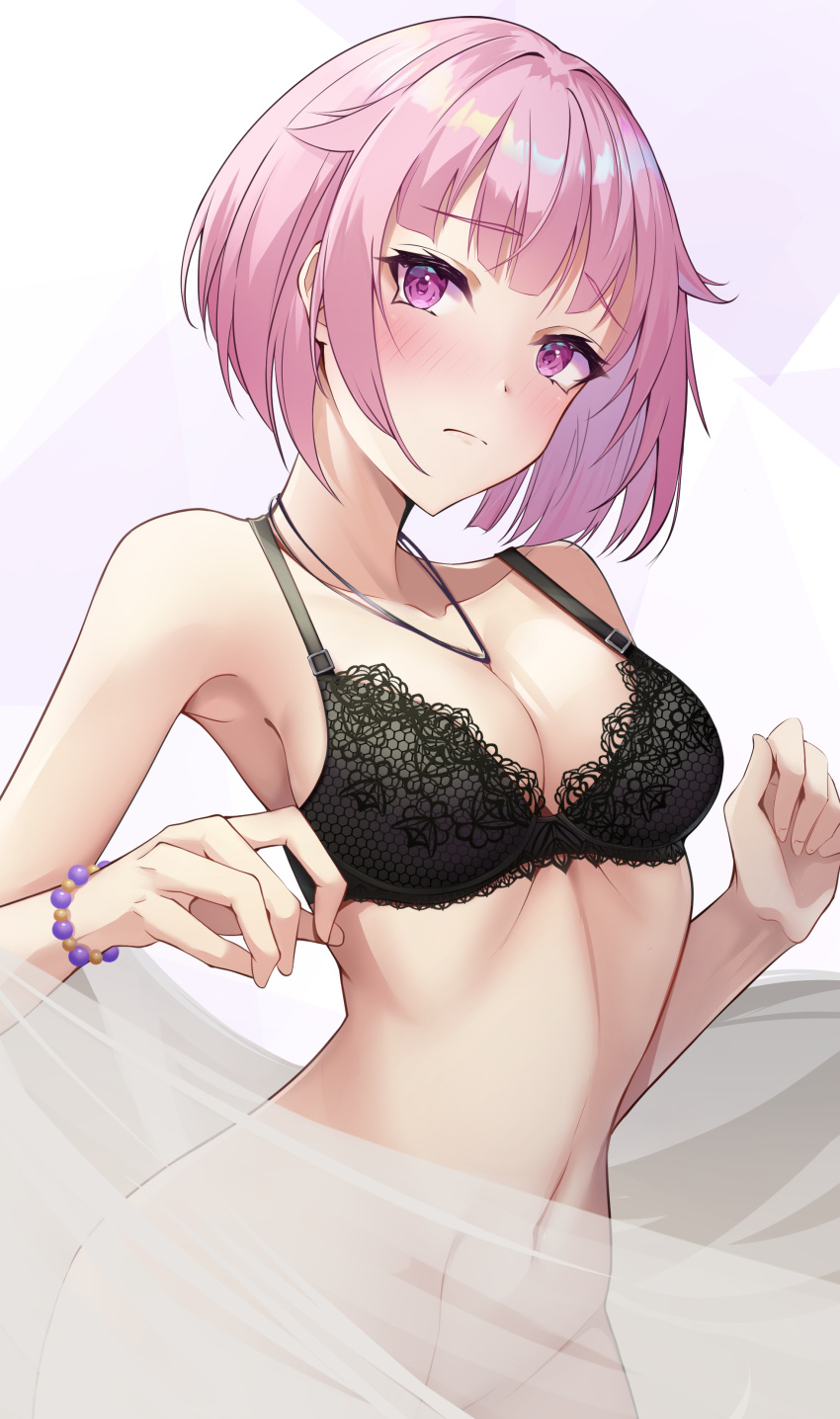 1girl :c absurdres black_bra blush bottomless bra breasts closed_mouth commentary frown highres jewelry kurohikage looking_at_viewer medium_hair navel necklace ootori_emu pink_background pink_eyes pink_hair project_sekai purple_bracelet solo stomach thighs underwear wrist_bobbles