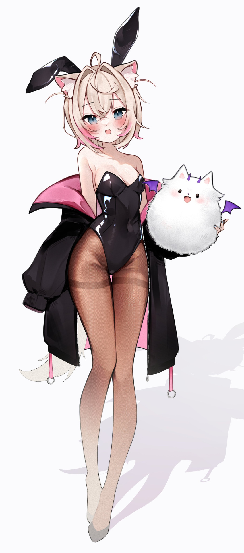 1girl absurdres animal_ear_fluff animal_ear_hairband animal_ears arm_at_side black_footwear black_jacket black_leotard black_pantyhose blonde_hair blue_eyes blush breasts contrapposto crossed_bangs dog_ears dog_girl dog_tail double-parted_bangs fake_animal_ears fine_fabric_emphasis full_body groin hair_between_eyes hair_intakes hairband hand_on_own_hip highleg highleg_leotard highres hololive hololive_english jacket leotard light_brown_hair long_hair looking_at_viewer meiwowowo mococo_abyssgard multicolored_hair one_side_up open_mouth pantyhose perroccino_(fuwamoco) pink_hair playboy_bunny rabbit_ear_hairband rabbit_ears shadow short_hair small_breasts smile solo standing strapless strapless_leotard streaked_hair tail thigh_gap thighband_pantyhose two_side_up virtual_youtuber