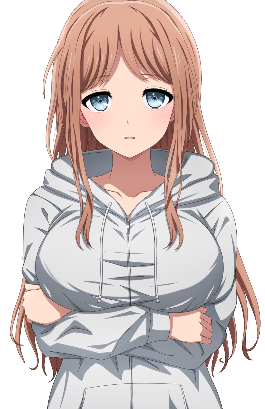 1girl absurdres bang_dream! bang_dream!_it's_mygo!!!!! blue_eyes blue_hoodie breasts brown_hair commentary highres hood hood_down hoodie large_breasts long_hair long_sleeves nagasaki_soyo noshimurin parted_lips sidelocks simple_background solo upper_body white_background