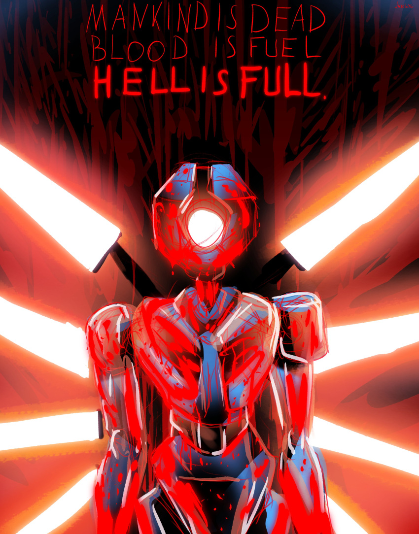 1_eye 2024 absurd_res ambiguous_gender blood blood_covered blood_on_body blood_on_face blue_body bodily_fluids digital_media_(artwork) english_text front_view glowing glowing_eyes glowing_wings half-length_portrait hi_res humanoid justbirb machine not_furry nude portrait robot robot_humanoid small_waist solo standing text ultrakill v1_(ultrakill) wings