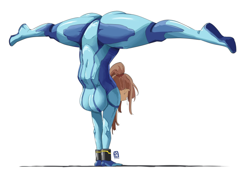 1girl artist_logo ass blonde_hair blue_bodysuit bodysuit breasts facing_away hands_on_ground handstand highres metroid nintendo ponytail samus_aran simple_background solo split thick_thighs thighs tight_clothes upside-down white_background zero_suit