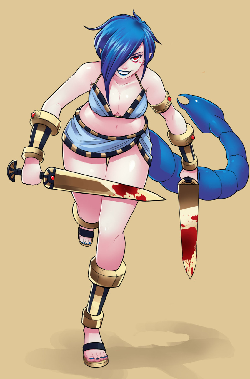 1girl armlet barefoot_sandals blood bloody_weapon blue_hair blue_lipstick bracer braid breasts cleavage dual_wielding dungeons_and_dragons egyptian eyeliner full_body greaves greenmarine grin hair_over_one_eye highres lipstick long_hair looking_at_viewer makeup miniskirt original pointy_ears red_eyes samia_of_the_shifting_sands scorpion_tail short_sword simple_background single_braid skirt smile solo sword toenail_polish toes weapon