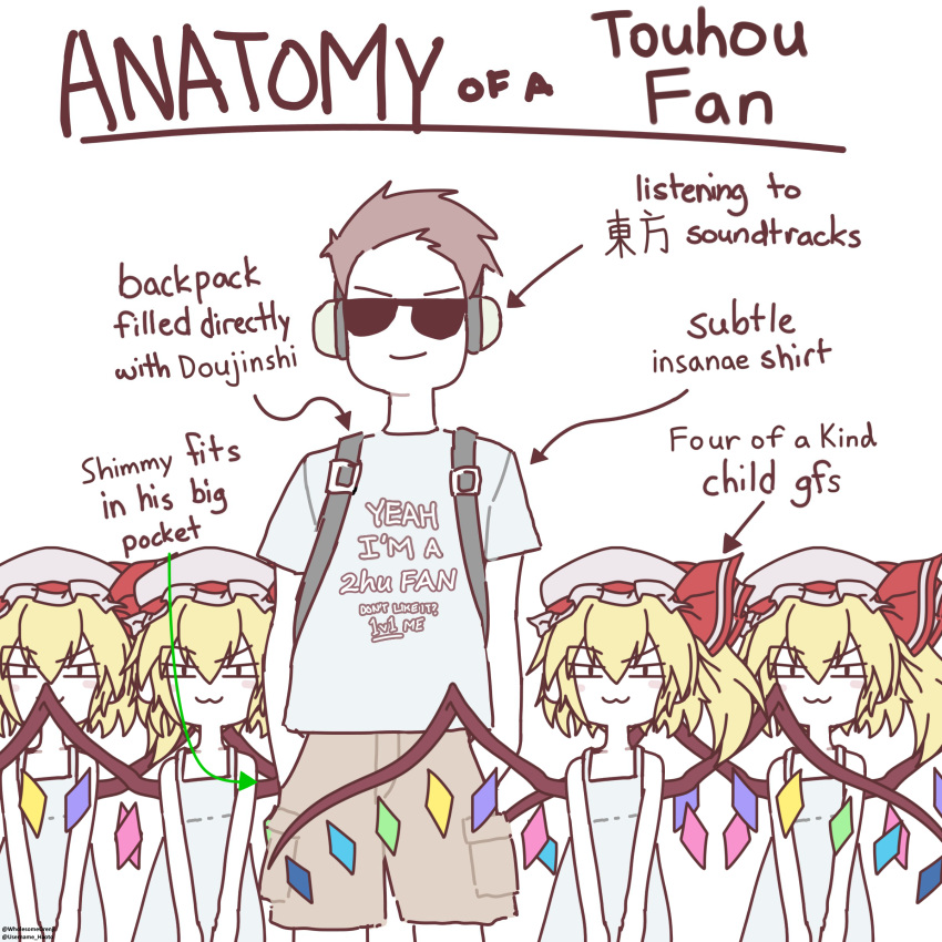 1boy 4girls absurdres anatomy_of_a_gamer_(meme) arrow_(symbol) blush_stickers brown_hair brown_shorts child closed_mouth clothes_writing english_text flandre_scarlet four_of_a_kind_(touhou) glasses grey_shirt hands_in_pockets harem headphones height_difference highres looking_at_viewer meme multiple_girls opaque_glasses print_shirt shirt short_hair short_sleeves shorts side-by-side simple_background standing straight-on sunglasses t-shirt touhou username_haoto white_background