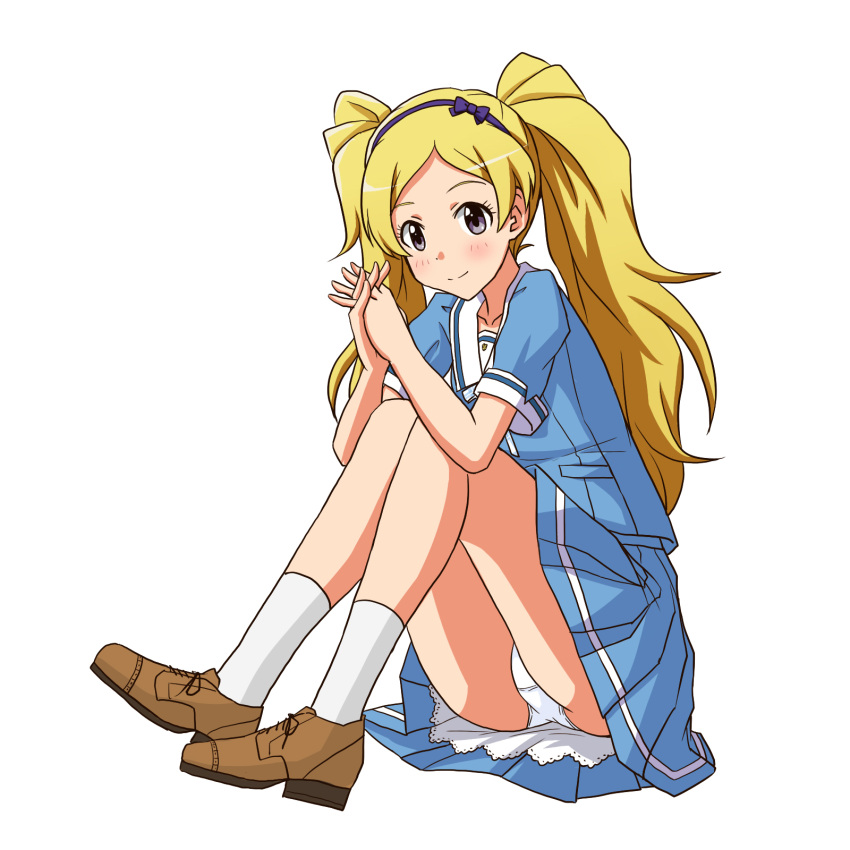 1girl blonde_hair blouse blue_ribbon blue_shirt blue_skirt brown_footwear closed_mouth collared_shirt commentary_request crotch_seam emily_stewart full_body hair_ribbon highres idolmaster idolmaster_million_live! interlocked_fingers lielos long_hair looking_at_viewer miniskirt own_hands_together panties pantyshot partial_commentary pleated_skirt purple_eyes ribbon shirt shoes short_sleeves simple_background single_horizontal_stripe sitting skirt smile socks solo summer_uniform_series_(idolmaster) twintails underwear white_background white_panties white_socks