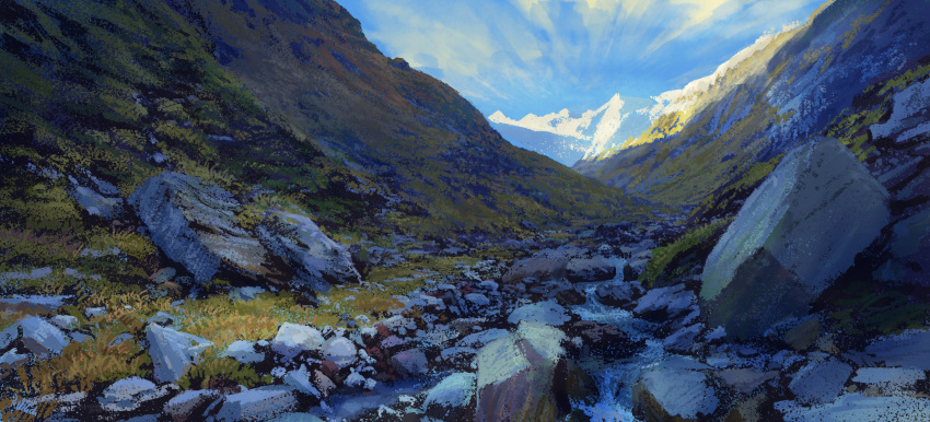 absurdres blue_sky boulder day grass highres mountain mountainous_horizon nature no_humans original outdoors overexposure painterly philipp_urlich realistic rock scenery sky stream valley water