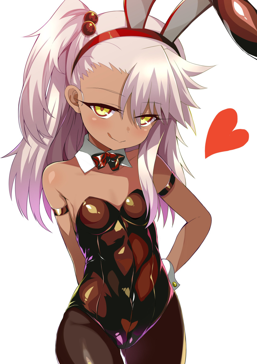 1girl absurdres animal_ears black_leotard blush bow bowtie breasts brown_pantyhose chloe_von_einzbern covered_navel dark-skinned_female dark_skin detached_collar fake_animal_ears fate/kaleid_liner_prisma_illya fate_(series) hair_bobbles hair_ornament hairband heart highres leotard licking_lips long_hair looking_at_viewer one_side_up orange_eyes pantyhose pink_hair playboy_bunny rabbit_ears shimejinameko sidelocks small_breasts smile solo tongue tongue_out wrist_cuffs