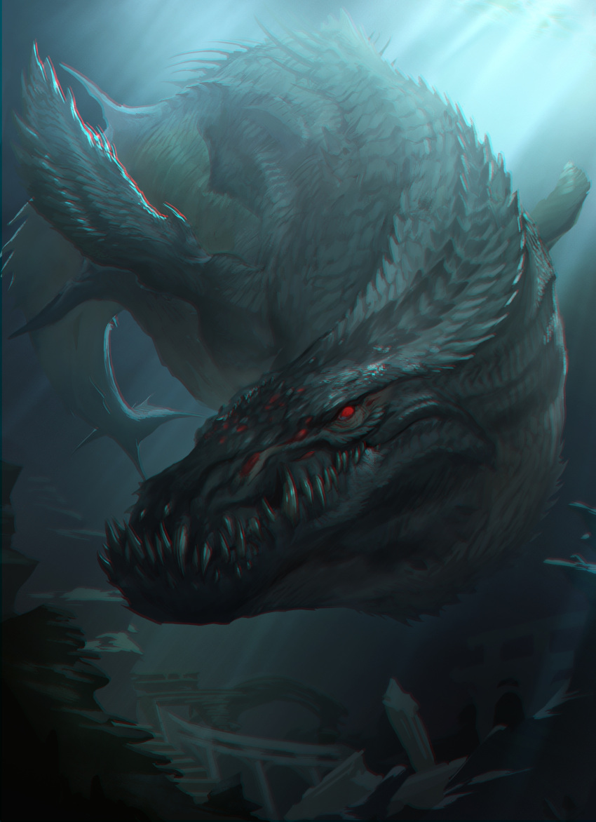 absurdres animal closed_mouth creature fins fish highres monster mosasaurus ocean original oversized_animal red_eyes solo yaziri