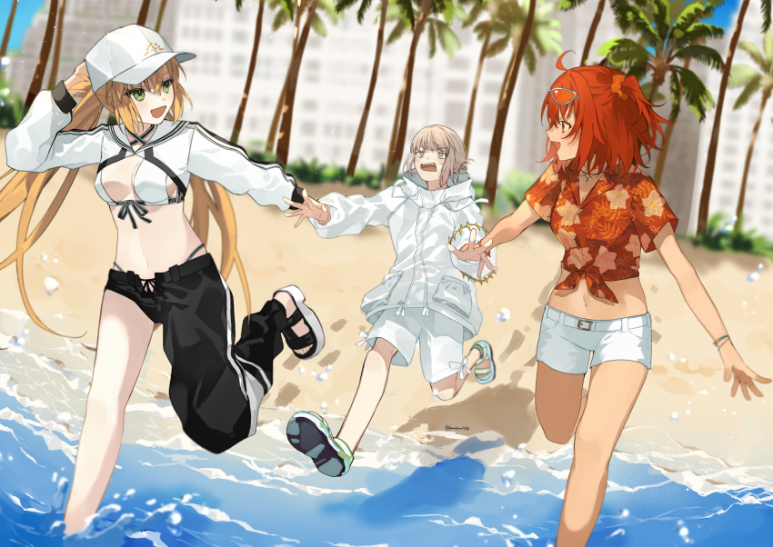 1boy ahoge artoria_caster_(fate) artoria_caster_(swimsuit)_(fate) artoria_caster_(swimsuit)_(first_ascension)_(fate) artoria_pendragon_(fate) asymmetrical_clothes asymmetrical_pants baggy_clothes baseball_cap bikini black_pants blonde_hair blue_eyes blush breasts cropped_jacket eyewear_on_head fate/grand_order fate_(series) floral_print fujimaru_ritsuka_(female) fujimaru_ritsuka_(female)_(tropical_summer) green_eyes grey_hair hair_ornament hair_scrunchie hat hawaiian_shirt hibiscus_print highres holding holding_another's_wrist jacket jewelry long_hair long_sleeves medium_hair multiple_girls navel oberon_(fate) oberon_(refreshing_summer_prince)_(fate) official_alternate_costume one_side_up open_mouth open_pants orange-tinted_eyewear orange_hair orange_scrunchie orange_shirt pants print_shirt romo827 sandals scrunchie shirt short_hair short_shorts shorts shrug_(clothing) sidelocks single_bare_leg single_pantsleg smile striped_clothes striped_jacket sunglasses swimsuit tied_shirt tinted_eyewear twintails white-framed_eyewear white_bikini white_hat white_jacket white_shorts